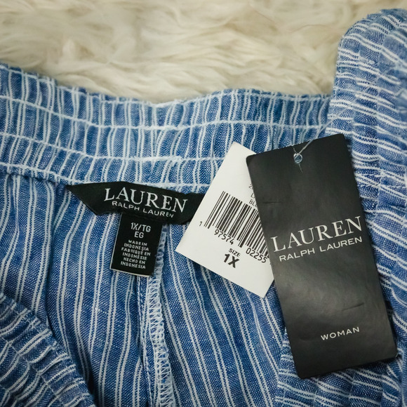 Lauren Ralph Lauren Plus Size 1X Blue White Stripe Pull On Waist Linen Pants NEW - Picture 4 of 8